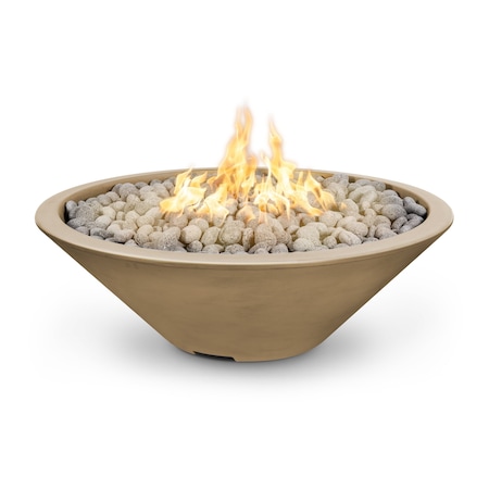 The Outdoor Plus 48 Round Cazo Fire Pit - GFRC Concrete - Brown - Spark Ignition with Flame Sense - Liquid Propane OPT-CZNL48FSEN-BRN-LP